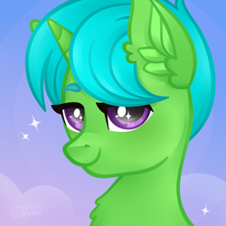 Size: 1500x1500 | Tagged: safe, artist:crystal_lagoon, imported from derpibooru, oc, oc only, oc:green byte, pony, unicorn, bust, chest fluff, commission, ear fluff, horn, lidded eyes, looking at you, male, portrait, purple eyes, smiling, solo, sparkly eyes, stallion, unicorn oc, wingding eyes, ych result