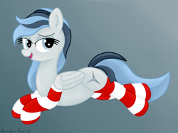 Size: 3736x2812 | Tagged: safe, artist:rainbowšpekgs, imported from derpibooru, oc, oc only, oc:haze northfleet, pegasus, pony, bedroom eyes, clothes, female, gradient background, high res, lying, lying down, mare, open mouth, prone, sexy, socks, solo, striped socks, wings