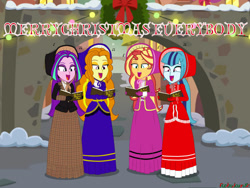 Size: 1032x774 | Tagged: safe, artist:robukun, imported from derpibooru, adagio dazzle, aria blaze, sonata dusk, sunset shimmer, equestria girls, caroling, christmas, christmas 2021, clothes, holiday, long dress, long skirt, skirt, the dazzlings, victorian, victorian dress