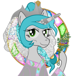 Size: 2500x2500 | Tagged: safe, artist:tentajack, imported from derpibooru, oc, oc only, oc:opal river, pony, unicorn, adornments, bust, circle background, clothes, flower, high res, horn, horn ring, portrait, ring, robe, royal quest, simple background, solo, transparent background, veil