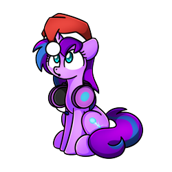 Size: 1240x1240 | Tagged: safe, artist:sugar morning, imported from derpibooru, oc, oc only, oc:cyan nova fae, pony, unicorn, :o, christmas, cute, female, full body, hat, headphones, headset, holiday, horn, mare, open mouth, santa hat, simple background, sitting, solo, tail, transparent background, two toned mane, two toned tail, unicorn oc