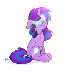 Size: 2900x3200 | Tagged: safe, artist:fluffyxai, imported from derpibooru, oc, oc only, oc:cyan nova fae, pony, unicorn, commission, female, headset, high res, hypnogear, hypnosis, mare, simple background, solo, white background, ych result