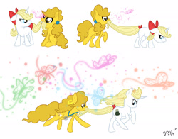 Size: 2500x1959 | Tagged: safe, artist:torusthescribe, imported from derpibooru, oc, oc only, pony, unicorn, bow, female, hair bow, mare, offspring, parent:applejack, parent:pinkie pie, parent:pokey pierce, parent:prince blueblood, parents:bluejack, parents:pokeypie, smiling, tail, tail bow, tailbite