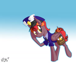 Size: 2017x1670 | Tagged: safe, artist:torusthescribe, imported from derpibooru, oc, oc only, pegasus, pony, bag, female, gradient background, hat, mailmare, mare, necktie, pegasus oc, saddle bag, signature, smiling, solo, wings