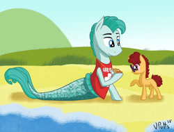 Size: 2195x1670 | Tagged: safe, artist:torusthescribe, imported from derpibooru, oc, oc only, oc:beaureguard, earth pony, pony, sea pony, beach, clothes, duo, earth pony oc, interspecies offspring, male, offspring, outdoors, parent:oc:fallen star, parent:rarity, parents:canon x oc, raised hoof, signature, smiling