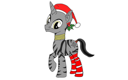 Size: 1280x800 | Tagged: safe, artist:royaltyofequestria, imported from derpibooru, oc, oc only, oc:maya, pony, unicorn, zebra, zebracorn, christmas, clothes, colored, ear fluff, gold, gray coat, hat, holiday, holly, horn, jewelry, necklace, ring, santa hat, simple background, socks, solo, stripes, tail, tail wrap, white background