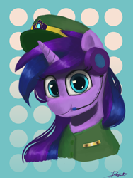 Size: 3000x4000 | Tagged: safe, artist:doughnutwubbs, imported from derpibooru, oc, oc only, oc:cyan nova fae, pony, unicorn, admiral, clothes, emblem, female, headset, mare, not twilight sparkle, solo, uniform