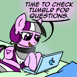 Size: 800x800 | Tagged: safe, artist:thedragenda, imported from derpibooru, oc, oc:ace, earth pony, pony, ask-acepony, computer, laptop computer, lying down, prone, solo