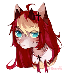 Size: 900x1000 | Tagged: safe, artist:qawakie, imported from derpibooru, cat, cat pony, original species, pony, bust, female, horns, mare, smiling, solo