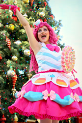 Size: 1999x2999 | Tagged: safe, artist:sarahndipity cosplay, imported from derpibooru, pinkie pie, human, 2015, christmas, christmas tree, clothes, cosplay, costume, dress, gala dress, holiday, irl, irl human, open mouth, photo, tree