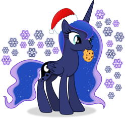 Size: 6171x5796 | Tagged: safe, artist:anime-equestria, imported from derpibooru, princess luna, alicorn, pony, christmas, cookie, eyeshadow, female, food, happy, hat, holiday, horn, makeup, mouth hold, santa hat, simple background, snow, snowflake, solo, transparent background, vector, wings