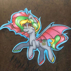 Size: 694x694 | Tagged: safe, artist:inochizuna, imported from derpibooru, oc, oc only, bat pony, pony, :p, bat pony oc, bat wings, solo, tongue out, traditional art, wings