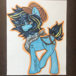 Size: 711x711 | Tagged: safe, artist:inochizuna, imported from derpibooru, oc, oc only, earth pony, pony, earth pony oc, hat, male, neckerchief, solo, stallion, tattoo, traditional art