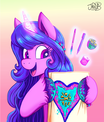 Size: 3508x4098 | Tagged: safe, artist:jowyb, imported from derpibooru, izzy moonbow, pony, unicorn, cute, female, g5, glowing, glowing horn, gradient background, happy, heart, high res, horn, ink pen, izzybetes, magic, magic aura, mare, my little pony: a new generation, open mouth, open smile, paintbrush, smiling, solo, telekinesis, unshorn fetlocks