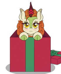 Size: 1305x1567 | Tagged: safe, artist:ravenirik, imported from derpibooru, autumn blaze, kirin, pony, :3, awwtumn blaze, blushing, box, christmas, cute, female, holiday, looking at you, mare, pony in a box, present, simple background, smiling, solo, transparent background