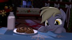 Size: 3840x2160 | Tagged: safe, artist:owlpirate, imported from derpibooru, derpy hooves, pegasus, pony, 3d, chocolate chip cookie, christmas, christmas tree, cookie, cute, decoration, derpabetes, eyes on the prize, food, high res, holiday, milk, night, smiling, solo, source filmmaker, table, tree