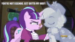 Size: 858x482 | Tagged: safe, edit, edited screencap, imported from derpibooru, screencap, applejack, snowfall frost, spirit of hearth's warming past, starlight glimmer, earth pony, ghost, ghost pony, pony, undead, unicorn, a hearth's warming tail, season 6, animated, caption, discovery family, discovery family logo, duo, eggnog, female, image macro, incorporeal, logo, mare, spirit, text