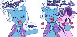 Size: 1280x627 | Tagged: safe, artist:cherivinca, imported from derpibooru, starlight glimmer, trixie, pony, unicorn, accessory swap, blush sticker, blushing, clothes, eyes closed, female, floating heart, hat, heart, heart eyes, hug, lesbian, one eye closed, open mouth, open smile, shipping, smiling, speech bubble, startrix, trixie's hat, wingding eyes