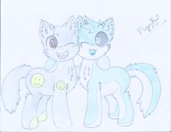 Size: 3300x2550 | Tagged: safe, artist:fliegerfausttop47, derpibooru exclusive, imported from derpibooru, oc, oc only, oc:smiley, oc:voidshark, cat, cat pony, earth pony, original species, pony, derpibooru community collaboration, 2022 community collab, best friends, black sclera, brown eyes, chest fluff, colt, duo, ear fluff, fluffy, fluffy tail, gift art, happy, leg fluff, looking at each other, looking at someone, male, ponified, qwuedeviv, sharp teeth, signature, smiley face, smiling, tail, teeth, traditional art, white pupils