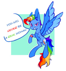Size: 1042x1119 | Tagged: source needed, safe, artist:occultusion, edit, editor:edits of hate, editor:unofficial edits thread, imported from ponybooru, rainbow dash, armband, flying, lidded eyes, looking at you, nazi, nazi armband, simple background, spread wings, white background, wings, you will never be a real woman