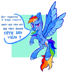 Size: 1042x1119 | Tagged: source needed, safe, artist:occultusion, edit, editor:edits of hate, editor:unofficial edits thread, imported from ponybooru, rainbow dash, cute and valid, flying, lidded eyes, looking at you, meme, simple background, spread wings, tomboy, unshorn fetlocks, white background, wings