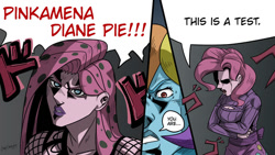 Size: 600x338 | Tagged: safe, artist:chopchopguy, imported from derpibooru, pinkie pie, rainbow dash, equestria girls, blue skin, comic, diavolo, jean pierre polnareff, jojo's bizarre adventure, manga, multicolored hair, orange hair, pink hair, pink skin, pinkamena diane pie, pixiv, polnareff, rainbow hair, test, vinegar doppio, yellow hair