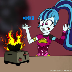 Size: 1280x1286 | Tagged: safe, artist:dncsamsonart, imported from derpibooru, sonata dusk, equestria girls, equestria girls series, sunset's backstage pass!, spoiler:eqg series (season 2), burning, fail, fire, food, gritted teeth, oops, solo, sonataco, taco, taco dress, that girl sure loves tacos, that pony sure does love tacos, that siren sure does love tacos, toaster