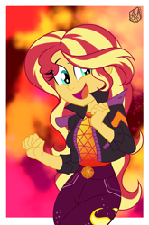 Size: 1375x2088 | Tagged: safe, artist:dncsamsonart, imported from derpibooru, sunset shimmer, equestria girls, equestria girls series, clothes, female, happy, jacket, open mouth, open smile, pants, smiling, solo