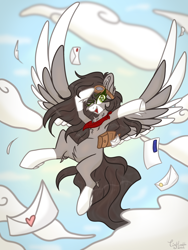 Size: 1620x2160 | Tagged: safe, artist:tizhonolulu, imported from derpibooru, oc, oc:snowy skies, pegasus, pony, bag, clothes, cloud, flying, goggles, letter, mail, mailbag, mailmare, one eye closed, scarf, sky, solo, wink