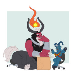 Size: 1373x1339 | Tagged: safe, artist:gor1ck, imported from derpibooru, grogar, lord tirek, centaur, sheep, taur, bracer, cloven hooves, colored hooves, desk, duo, duo male, glasses, male, nose piercing, nose ring, paperwork, piercing, ram, septum piercing