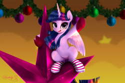 Size: 2625x1750 | Tagged: safe, artist:darksly, imported from derpibooru, twilight sparkle, alicorn, pony, christmas, christmas star, clothes, cute, gloves, holiday, open mouth, socks, solo, striped socks, tiny, tiny ponies, twiabetes, twilight sparkle (alicorn)