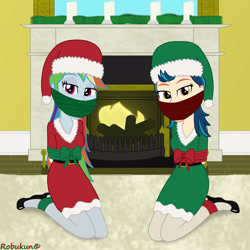 Size: 1920x1920 | Tagged: safe, artist:robukun, imported from derpibooru, indigo zap, rainbow dash, equestria girls, bondage, christmas, dashsub, female, femsub, fire, fireplace, gag, holiday, indigosub, submissive, tape, tape gag, tied up