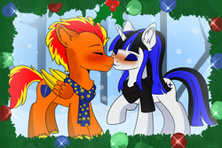 Size: 3000x2000 | Tagged: safe, artist:aurorafang, imported from derpibooru, oc, oc:coldlight bluestar, oc:fireheart(fire), hybrid, unicorn, clothes, couple, hearth's warming eve, hearths warming, high res, holly, holly mistaken for mistletoe, kissing, pegabat, scarf, shipping, shipping fuel