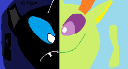 Size: 252x136 | Tagged: safe, artist:thegamerpainter, derpibooru exclusive, imported from derpibooru, thorax, changedling, changeling, the times they are a changeling, to where and back again, 1000 hours in ms paint, comparison, copyright, episode reference, face, hooves, king thorax, looking at you, signature