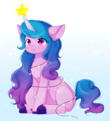 Size: 911x997 | Tagged: safe, artist:dddreamdraw, imported from derpibooru, izzy moonbow, pony, unicorn, christmas, christmas lights, cute, ear fluff, eye clipping through hair, eyebrows, eyebrows visible through hair, female, g5, holiday, izzy impaling things, izzybetes, mare, sitting, smiling, solo
