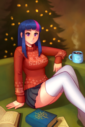 Size: 1600x2400 | Tagged: safe, artist:asimos, imported from derpibooru, twilight sparkle, human, big breasts, book, breasts, busty twilight sparkle, chocolate, christmas, christmas tree, clothes, food, holiday, hot chocolate, humanized, looking at you, mug, schrödinger's pantsu, science, skirt, socks, solo, stockings, sweater, thigh highs, tree, zettai ryouiki