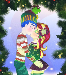 Size: 900x1018 | Tagged: safe, artist:fofurastro, imported from derpibooru, flash sentry, sunset shimmer, equestria girls, christmas, female, flashimmer, holiday, holly, holly mistaken for mistletoe, kissing, male, shipping, straight