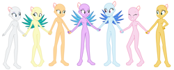 Size: 5288x2144 | Tagged: safe, artist:machakar52, imported from derpibooru, applejack, fluttershy, pinkie pie, rainbow dash, rarity, sci-twi, sunset shimmer, twilight sparkle, equestria girls, legend of everfree, base, blue wings, crystal guardian, crystal wings, green wings, hand on hip, holding hands, ponied up, wings