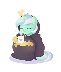 Size: 1600x1900 | Tagged: safe, artist:biocrine, imported from derpibooru, lyra heartstrings, pony, unicorn, blanket, candy, candy cane, chocolate, cozy, eyes closed, food, hand, hot chocolate, magic, magic aura, magic hands, mug, simple background, solo, white background