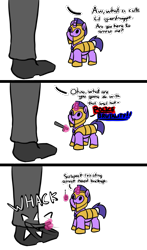 Size: 693x1180 | Tagged: safe, artist:neuro, imported from derpibooru, twilight sparkle, oc, oc:anon, human, pony, unicorn, 3 panel comic, chibi, comic, female, guardsmare, mare, police baton, police brutality, royal guard, simple background, small mare, small pony, talking, tiny, tiny ponies, transparent background, unicorn twilight