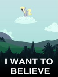 Size: 487x652 | Tagged: safe, imported from derpibooru, derpy hooves, pegasus, pony, cloud, derpy being derpy, i want to believe, on a cloud, solo, standing on a cloud, x-files