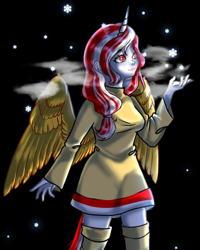 Size: 719x897 | Tagged: safe, artist:tialtri, imported from derpibooru, oc, oc:sinar bulan indonesia, alicorn, human, clothes, female, hair tie, horn, humanized, indonesia, night, not cream heart, shoes, snow, snowflake, wings, winter