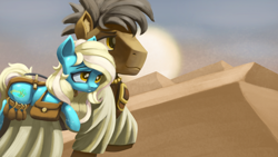 Size: 1920x1080 | Tagged: safe, alternate version, artist:ahobobo, imported from derpibooru, oc, oc only, oc:sandstone shine, oc:sapphire oasis, crystal pony, earth pony, pony, desert, sand, story in the source