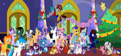 Size: 1280x592 | Tagged: safe, artist:crazywriter12, imported from derpibooru, flash sentry, luster dawn, princess cadance, princess flurry heart, shining armor, starlight glimmer, sunburst, twilight sparkle, zecora, alicorn, pegasus, unicorn, christmas, family, female, flashlight, hearth's warming eve, holiday, male, shiningcadance, shipping, starburst, straight, tree, twilight sparkle (alicorn), twilight's castle