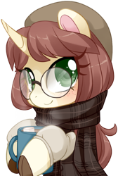 Size: 1000x1492 | Tagged: safe, artist:loyaldis, imported from derpibooru, oc, oc only, oc:céline actias, pony, unicorn, beanie, blushing, chocolate, clothes, commission, cup, digital art, female, food, freckles, gift art, glasses, hat, horn, hot chocolate, mare, round glasses, scarf, simple background, solo, transparent background, unicorn oc, ych result