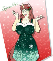 Size: 3400x3900 | Tagged: safe, artist:hasana-chan, imported from derpibooru, oc, oc only, oc:céline actias, anthro, unguligrade anthro, unicorn, anthro oc, big breasts, breasts, christmas, clothes, commission, curved horn, dialogue, digital art, dress, female, freckles, french, glasses, hearth's warming, high res, holiday, horn, mistletoe, round glasses, solo, unicorn oc