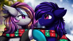 Size: 2920x1642 | Tagged: safe, artist:pridark, imported from derpibooru, oc, oc only, bat pony, pony, bat pony oc, bust, christmas, clothes, commission, cute, cute little fangs, duo, fangs, high res, holiday, looking at each other, looking at someone, portrait, scarf, snow