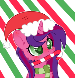 Size: 3465x3613 | Tagged: safe, artist:darbypop1, artist:mint-light, imported from derpibooru, oc, oc:alyssa rice, alicorn, pony, base used, bust, candy, candy cane, cheek fluff, chest fluff, christmas, clothes, female, food, hat, heart eyes, high res, holiday, mare, mouth hold, santa hat, scarf, solo, striped scarf, wingding eyes