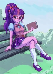 Size: 2480x3508 | Tagged: safe, artist:beza, imported from derpibooru, sci-twi, twilight sparkle, equestria girls, spoiler:eqg specials, bench, book, bow, crossed legs, cute, female, glasses, high res, looking at you, schrödinger's pantsu, sci-twi outfits, sitting, smiling, solo, twiabetes