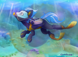 Size: 1024x745 | Tagged: safe, artist:midnightpremiere, imported from derpibooru, oc, oc only, oc:flying fish, fish, pegasus, pony, blue mane, blue tail, bubble, crepuscular rays, diving, flippers (gear), looking up, ocean, scuba gear, seaweed, signature, solo, subnautica, sunlight, swimming, tail, underwater, water, wetsuit